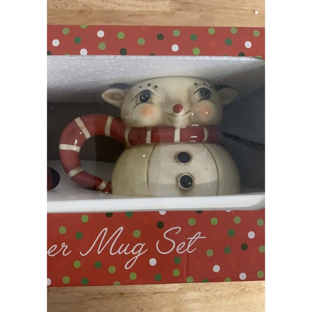 Johanna Parker Christmas Holiday Red Santa & Reindeer Christmas Large Mug Set